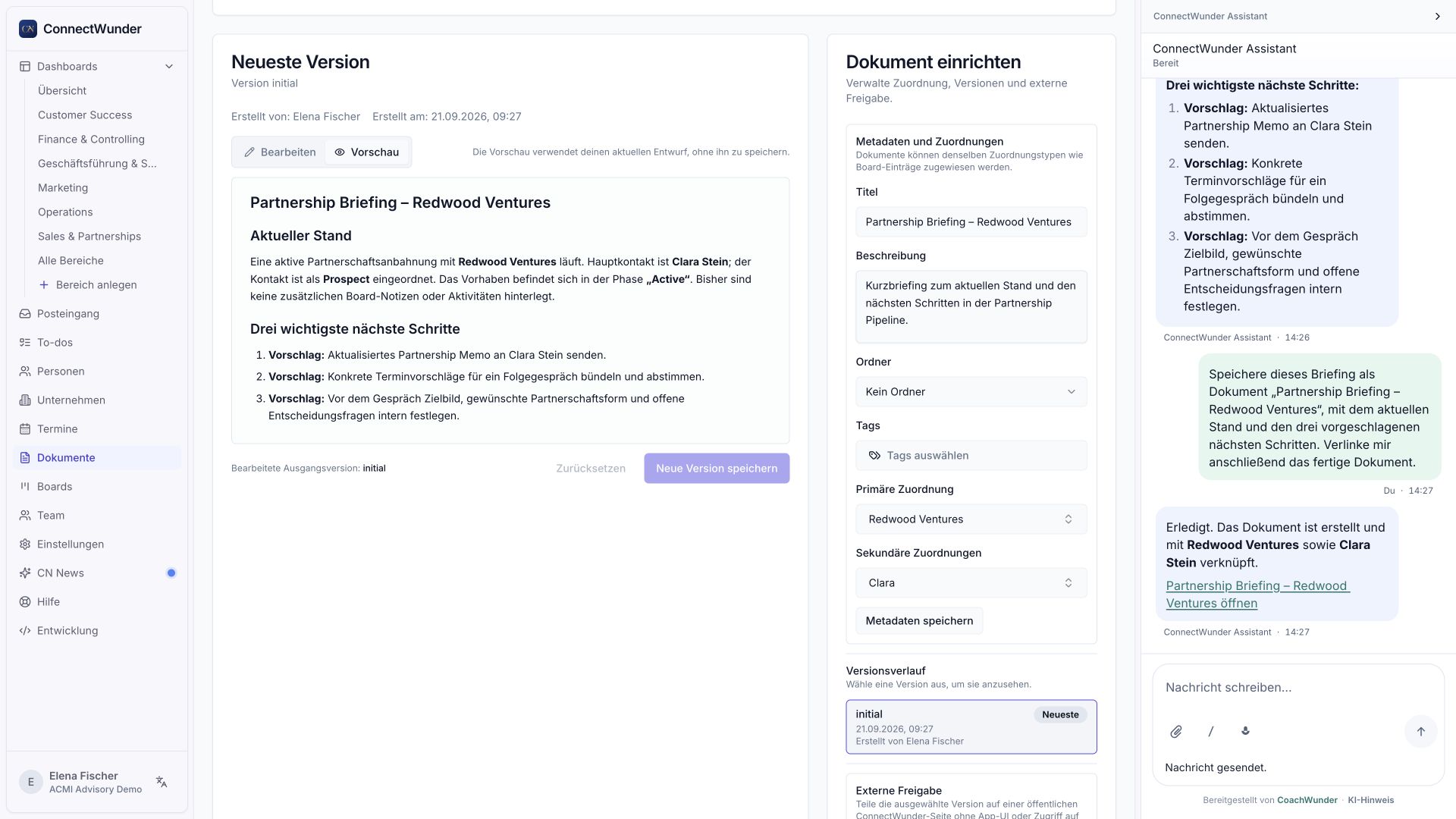 Original-Chat-Ausschnitt: Auftrag zum Speichern des Briefings und Bestätigung mit Dokumentlink.
